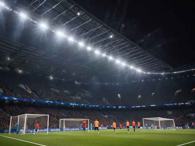 欧冠比赛前球场灯光与球员热身的现场画面